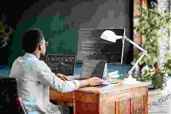 A Programmer Sitting At A Computer With Multiple Monitors, Typing On A Keyboard And Looking At The Code On The Screen. The Programmer Is Surrounded By Books And Notes, And There Is A Large Whiteboard Behind Them With Diagrams And Equations Written On It. C#: 2 In 1 The Ultimate Beginner Intermediate Guides To Mastering C# Programming Quickly (Computer Programming)